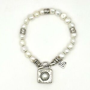 Silpada Retired B1439 Sterling Silver Freshwater Pearl Hammered Charm Bracelet